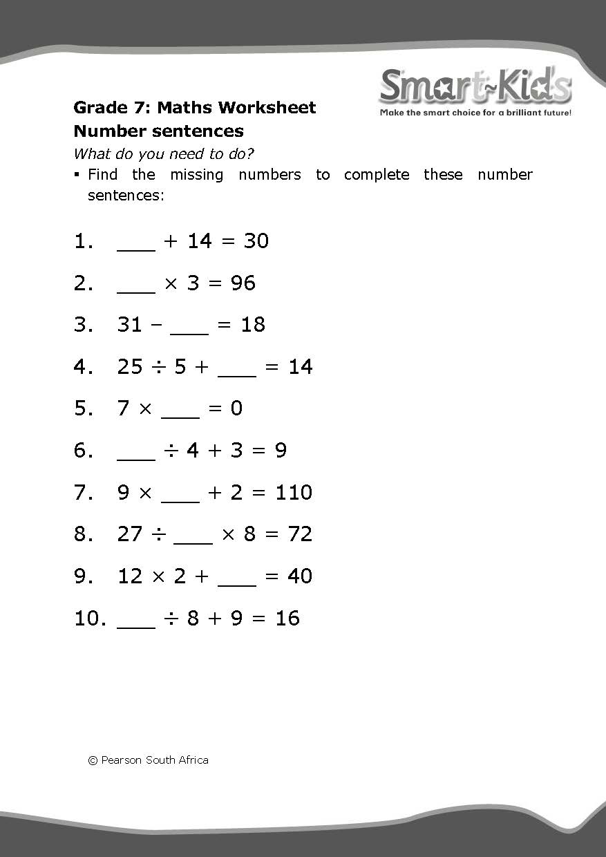 Number Sentences Grade 5 Worksheets