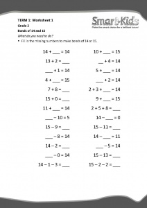 grade 2 maths worksheet bonds of 14 and 15 smartkids