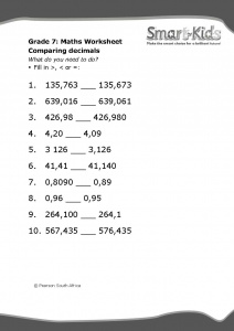 Grade 7 Maths Worksheet: Compare decimals